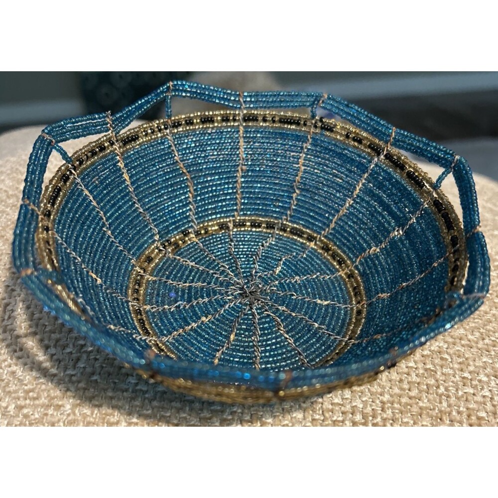 Glass Seed Bead Wire Bowl Hand Strung Scalloped Iridescent Teal Gold 6" x 2" EUC